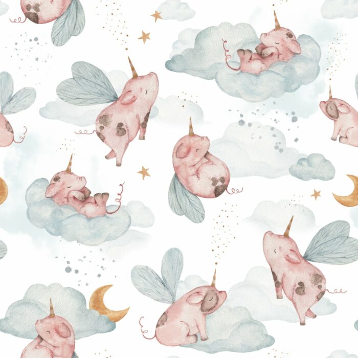 Tissu Imprimé Cochon Magique Blanc, 7 tissus au choix