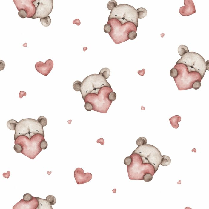 Tissu Imprimé Coeur Ourson Petit, 7 tissus au choix