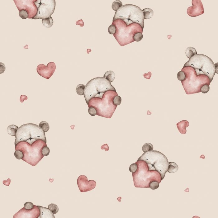 Tissu Imprimé Coeur Ourson Beige, 7 tissus au choix