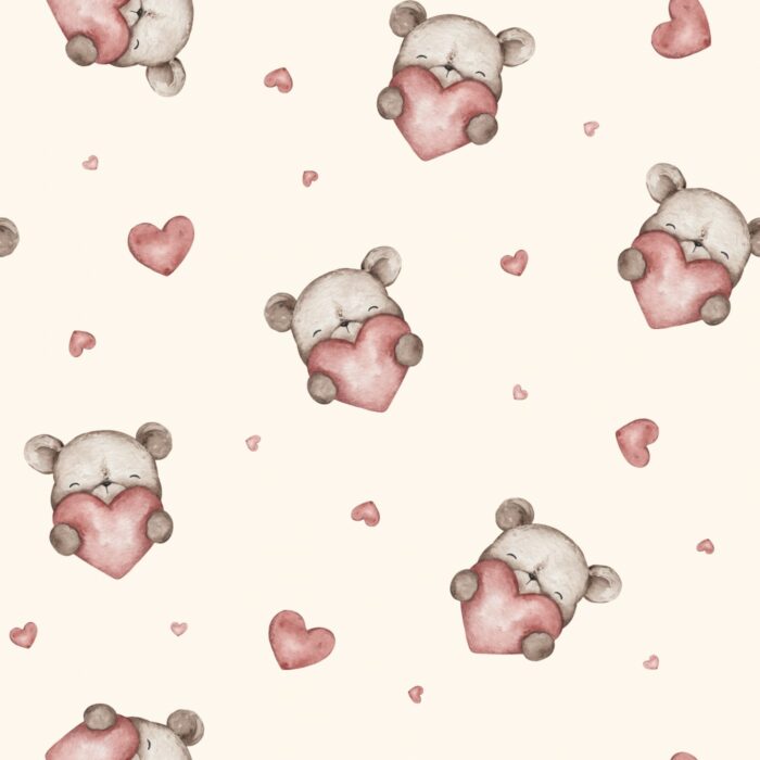 Tissu Imprimé Coeur Ourson Crème, 7 tissus au choix – Image 2