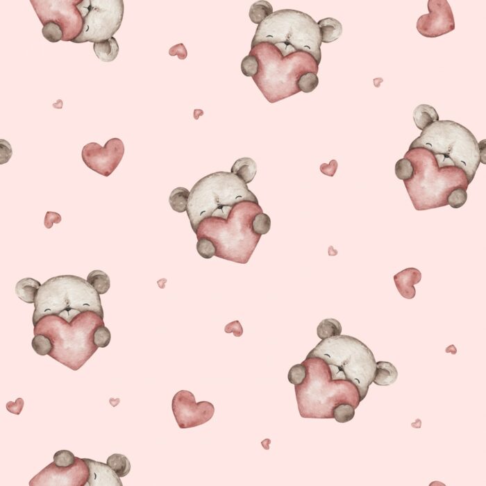 Tissu Imprimé Coeur Ourson Rose, 7 tissus au choix