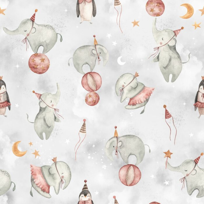 Tissu Imprimé Éléphant Danse Ciel, 7 tissus au choix