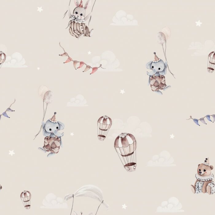 Tissu Imprimé Éléphant Lapin Ballons Beige, 7 tissus au choix