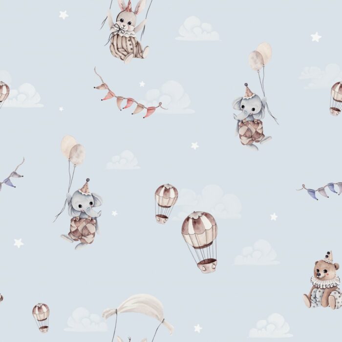 Tissu Imprimé Éléphant Lapin Ballons Bleu, 7 tissus au choix