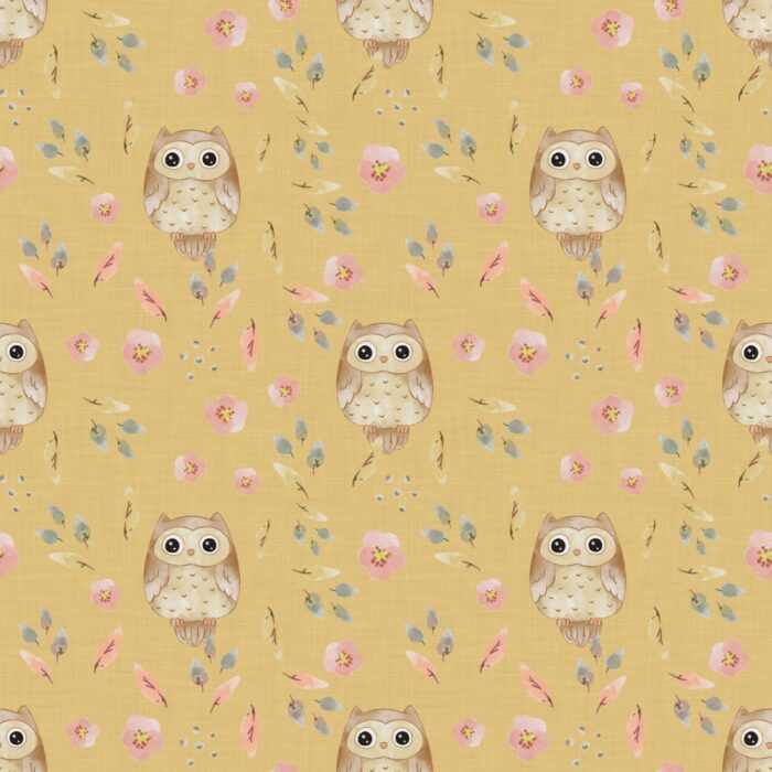 Tissu Imprimé Enfant Chouette Fleurs Jaune, 10 tissus au choix