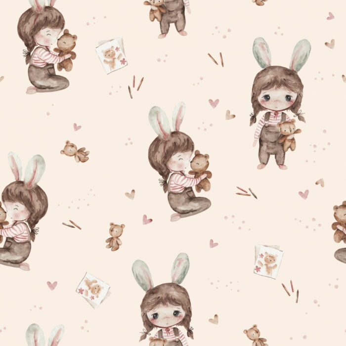 Tissu Imprimé Fille Lapin Adorable Beige, 10 tissus au choix