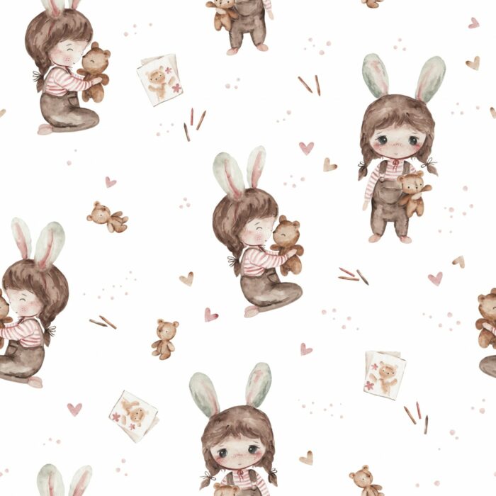 Tissu Imprimé Fille Lapin Adorable Blanc, 7 tissus au choix