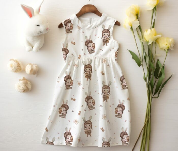 Tissu Imprimé Fille Lapin Adorable Beige, 10 tissus au choix – Image 4