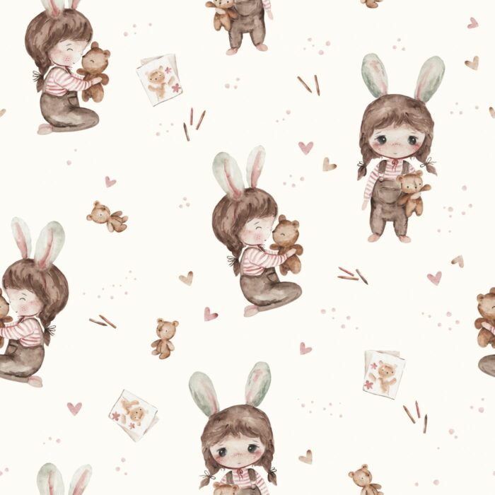 Tissu Imprimé Fille Lapin Adorable Crème, 7 tissus au choix