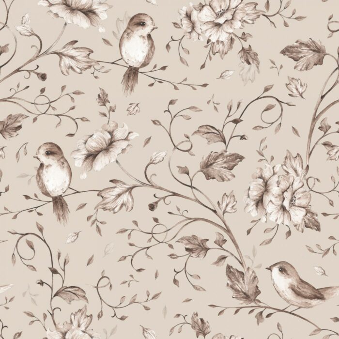 Tissu Imprimé Fleuri Oiseaux Mignons Beige Petit, 7 tissus au choix
