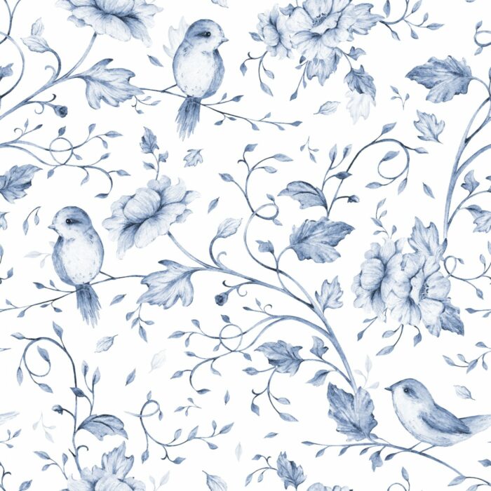 Tissu Imprimé Fleuri Oiseaux Mignons Bleu Petit, 7 tissus au choix