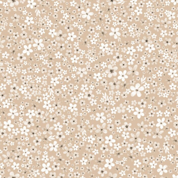 Tissu Imprimé Fleurs Blanches Prairie Beige, 7 tissus au choix