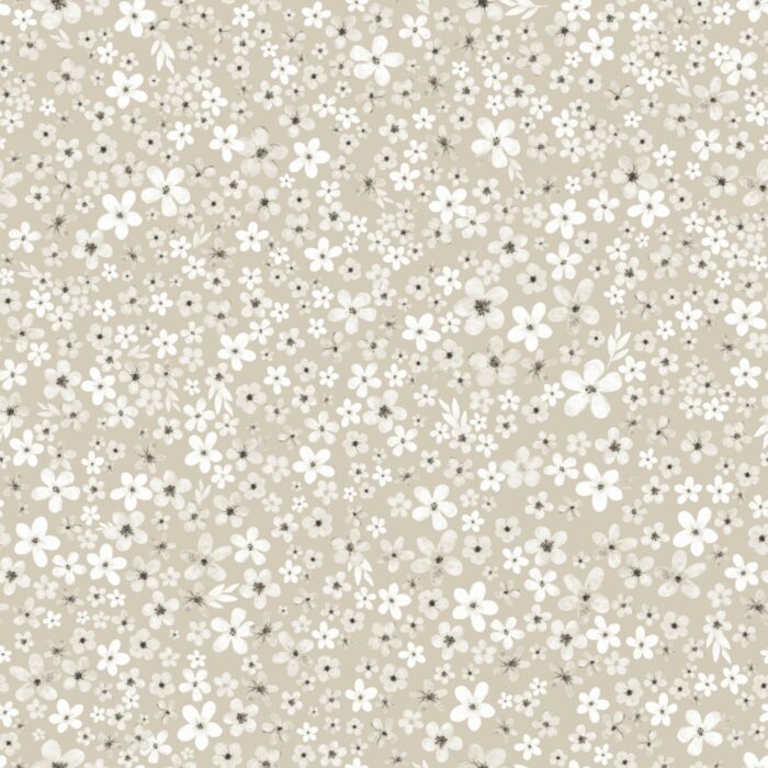 Tissu Imprimé Fleurs Blanches Prairie Beige Gris, 7 tissus au choix