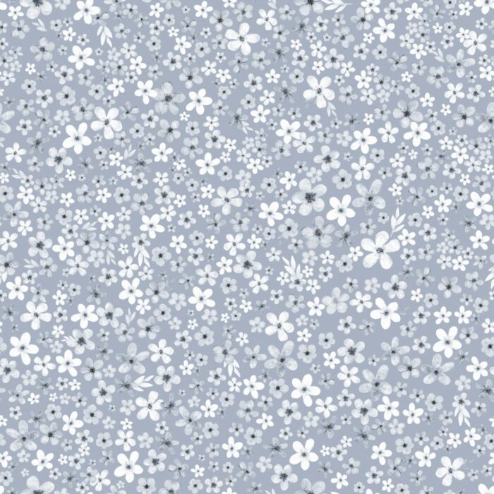 Tissu Imprimé Fleurs Blanches Prairie Bleu Gris, 7 tissus au choix