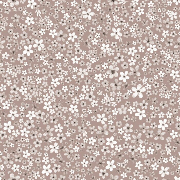 Tissu Imprimé Fleurs Blanches Prairie Taupe, 7 tissus au choix
