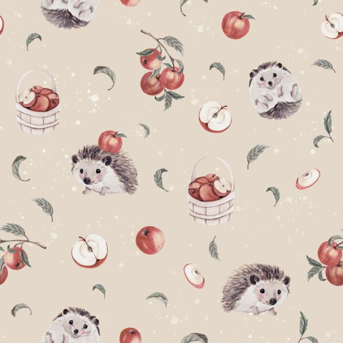 Tissu Imprimé Hérisson Mignon Pommes Beige, 7 tissus au choix