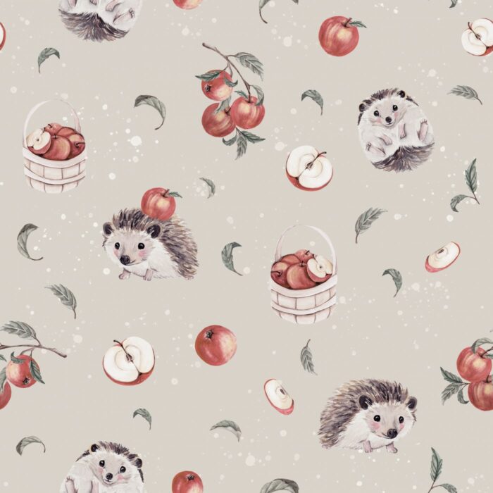 Tissu Imprimé Hérisson Mignon Pommes Beige Gris, 7 tissus au choix