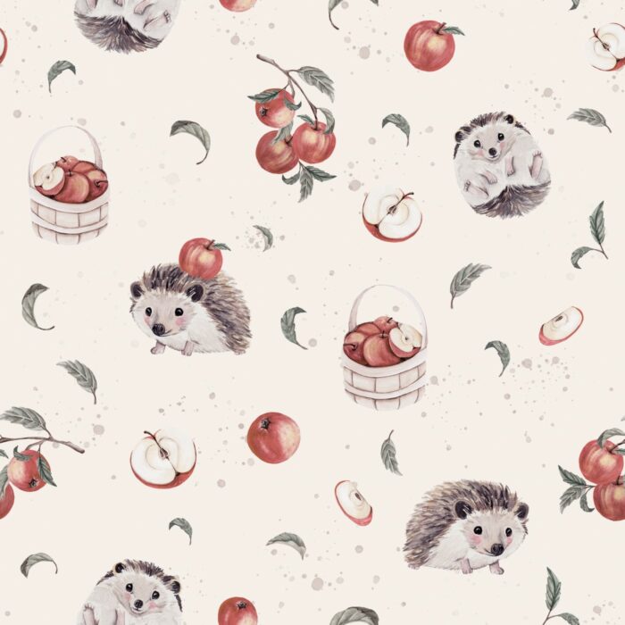 Tissu Imprimé Hérisson Mignon Pommes Crème, 7 tissus au choix