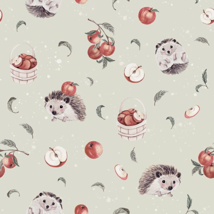 Tissu Imprimé Hérisson Mignon Pommes Vert, 7 tissus au choix