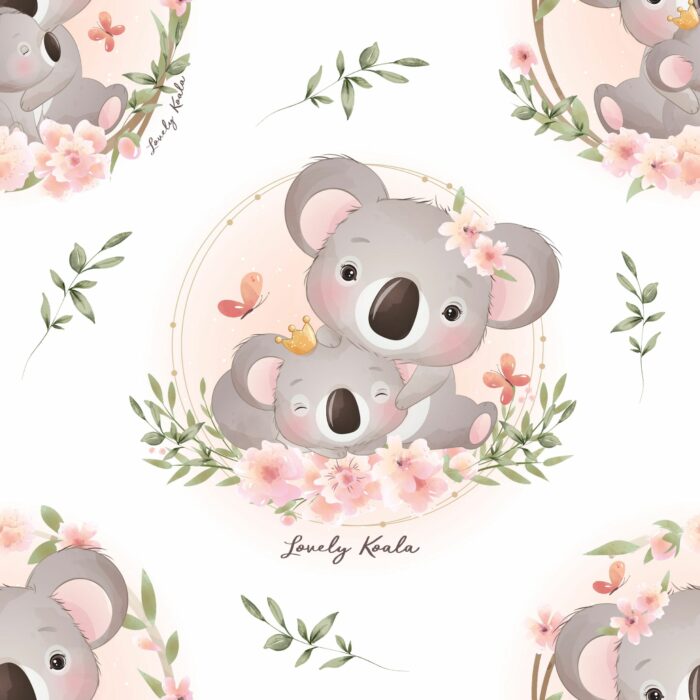 Tissu Imprimé Exclusif Koala Mignon Bébé Feuilles, 7 tissus au choix
