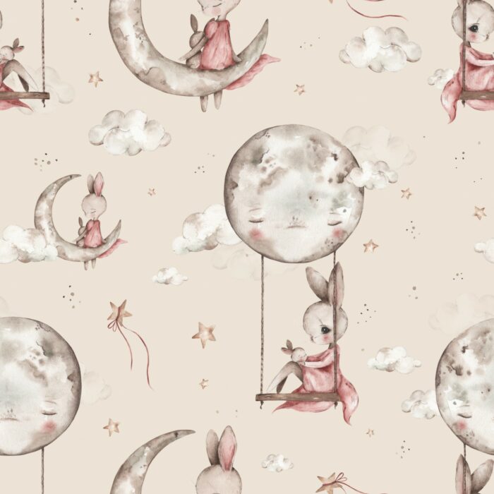 Tissu Imprimé Lapin Mignon Lune Beige Grand, 7 tissus au choix