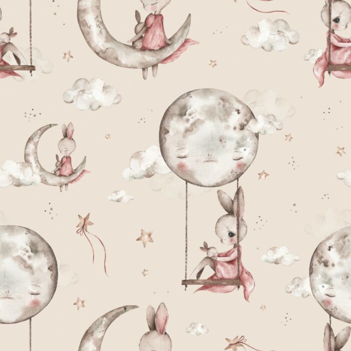 Tissu Imprimé Lapin Mignon Lune Beige Petit, 7 tissus au choix