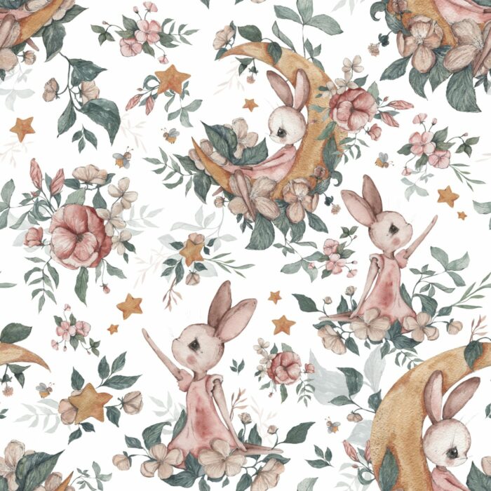 Tissu Imprimé Lapin Mignon Lune Fleuri Blanc, 7 tissus au choix