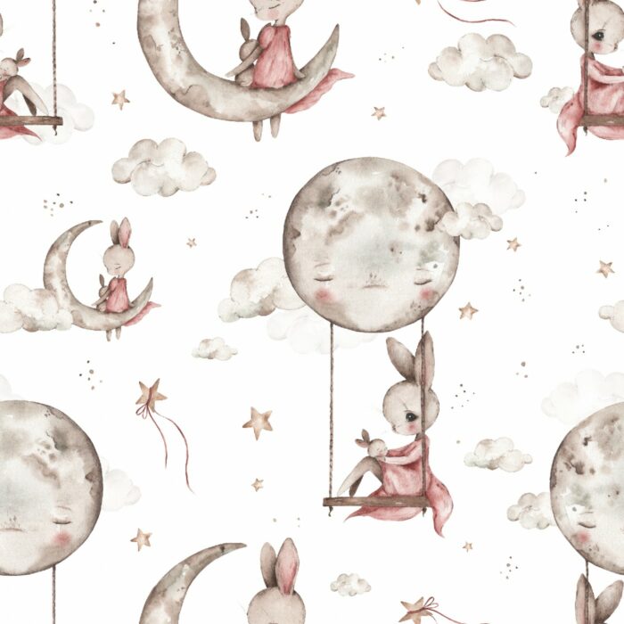 Tissu Imprimé Lapin Mignon Lune Blanc Petit, 7 tissus au choix