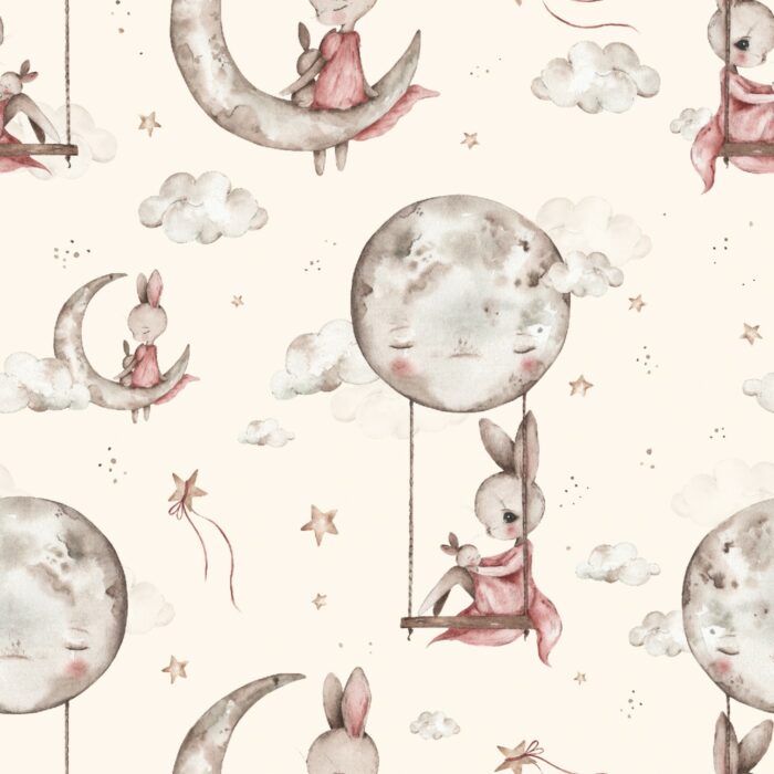Tissu Imprimé Lapin Mignon Lune Crème Petit, 7 tissus au choix