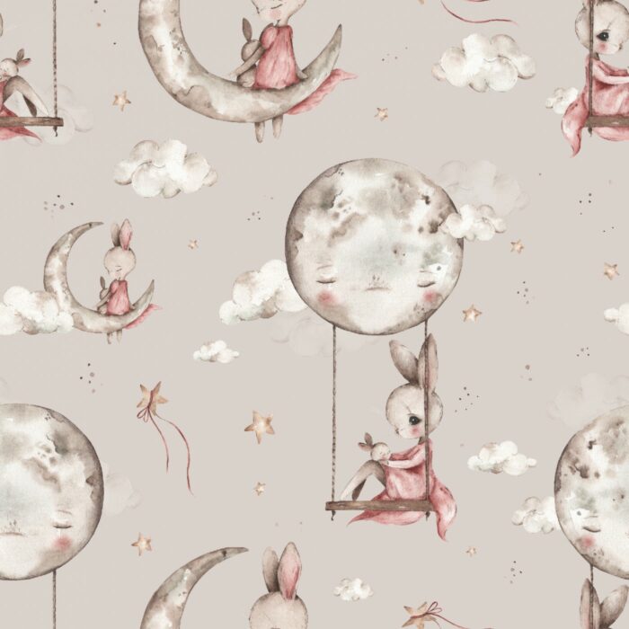 Tissu Imprimé Lapin Mignon Lune Gris Petit, 7 tissus au choix