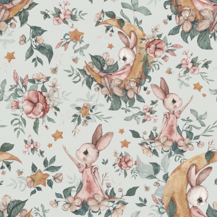 Tissu Imprimé Lapin Mignon Lune Fleuri Vert, 7 tissus au choix