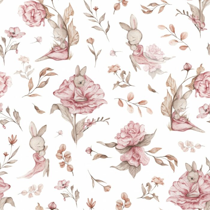 Tissu Imprimé Lapin Mignon Roses Blanc Grand, 7 tissus au choix