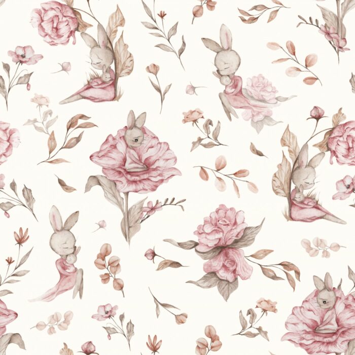 Tissu Imprimé Lapin Mignon Roses Crème Grand, 7 tissus au choix