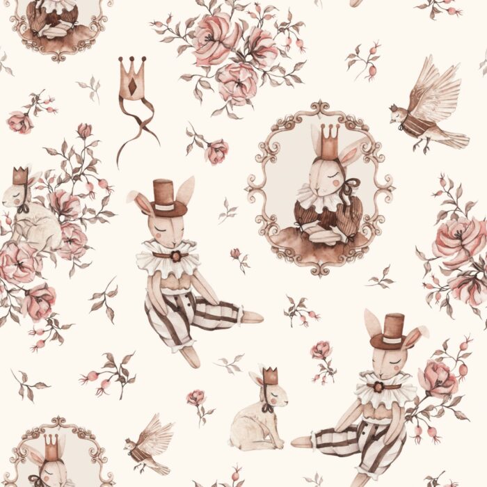 Tissu Imprimé Lapin Vintage Fleurs Crème, 10 tissus au choix – Image 2