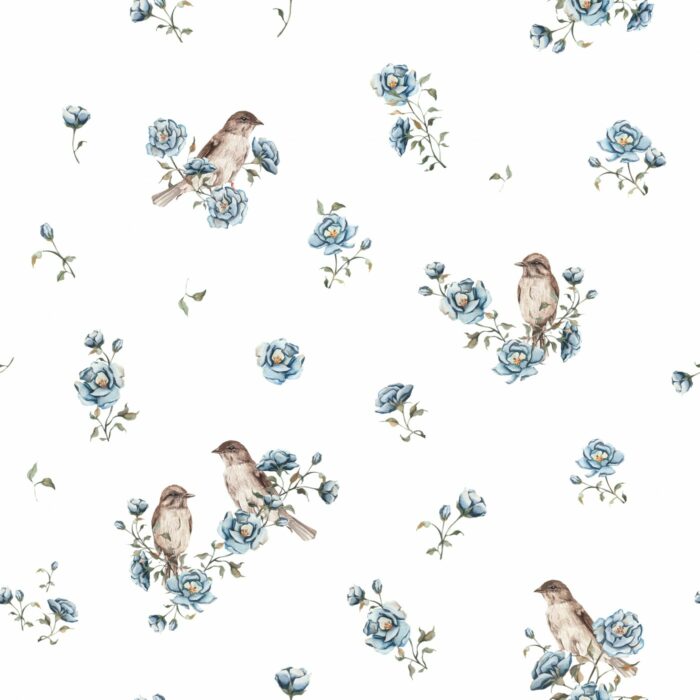 Tissu Imprimé Oiseaux Fleurs Bleues, 7 tissus au choix