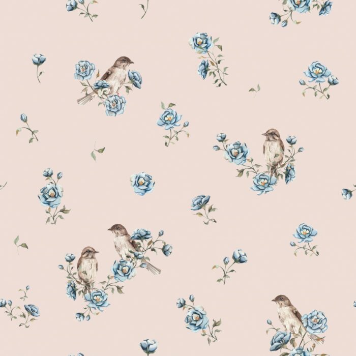 Tissu Imprimé Oiseaux Fleurs Bleues Blush, 7 tissus au choix