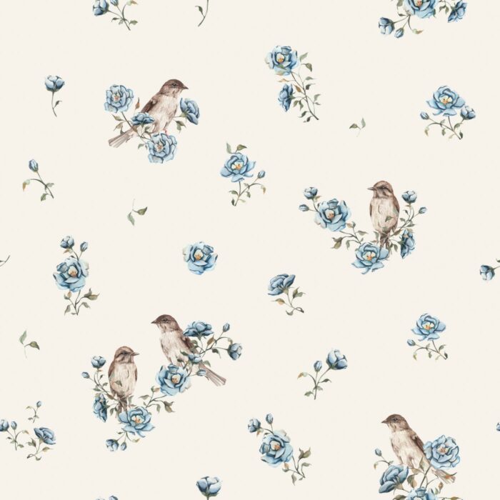 Tissu Imprimé Oiseaux Fleurs Bleues Crème, 7 tissus au choix