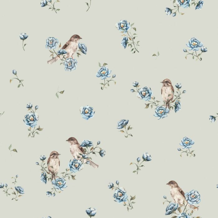 Tissu Imprimé Oiseaux Fleurs Bleues Vert, 7 tissus au choix