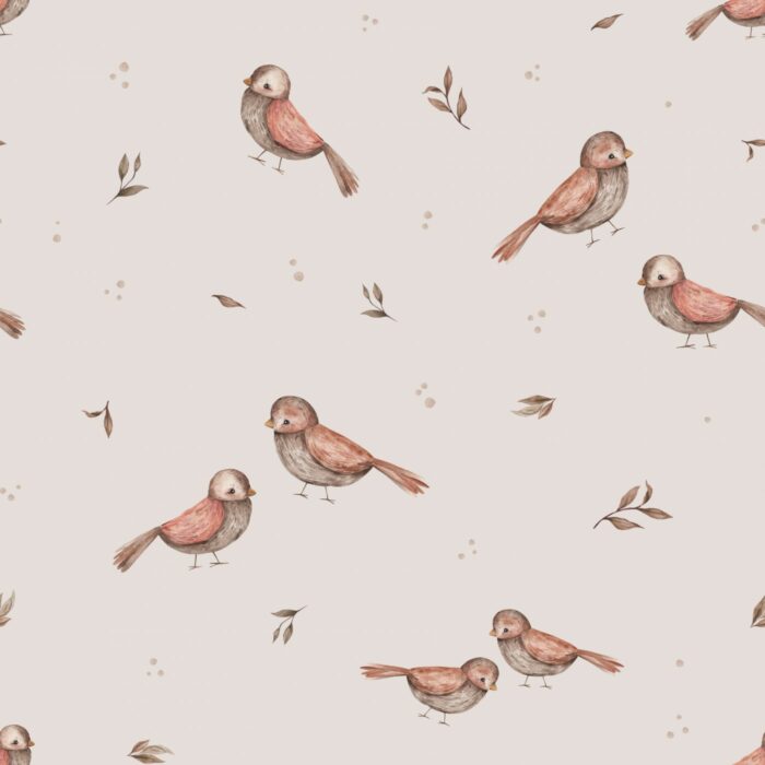 Tissu Imprimé Oiseaux Mignons Beige Gris Grand, 7 tissus au choix