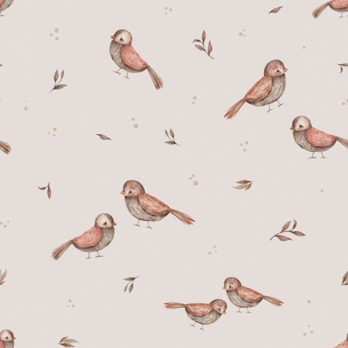 Tissu Imprimé Oiseaux Mignons Beige Gris Petit, 7 tissus au choix
