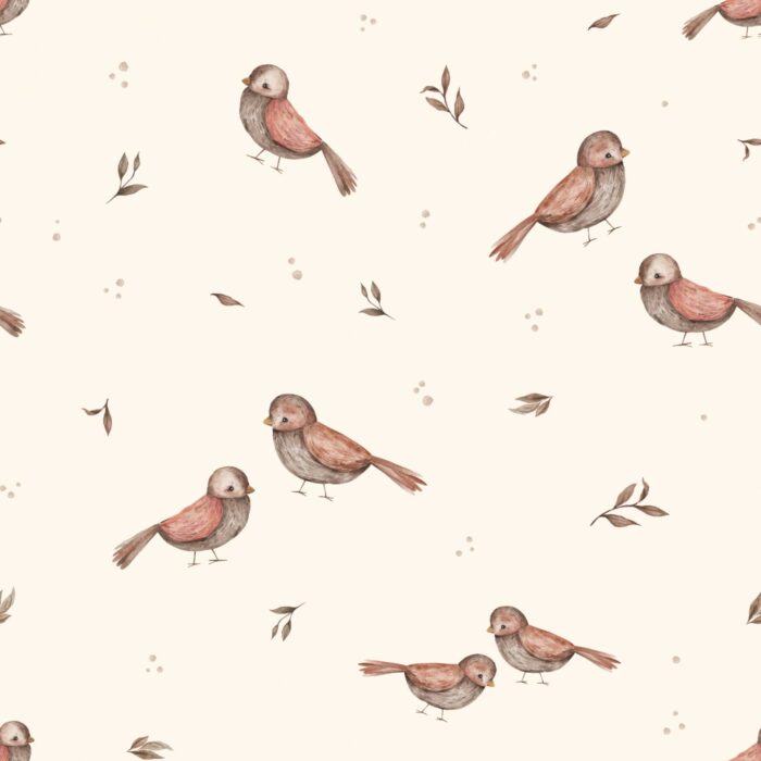 Tissu Imprimé Oiseaux Mignons Crème Petit, 7 tissus au choix
