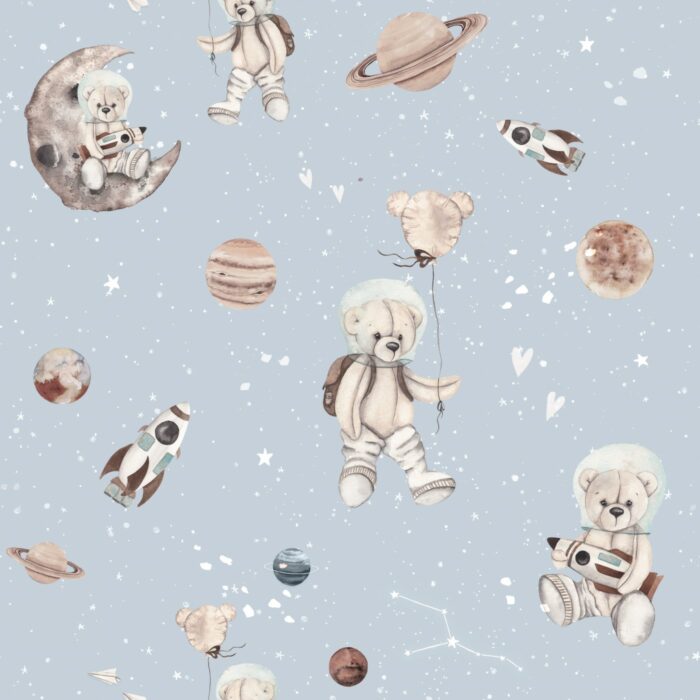Tissu Imprimé Ourson Espace Bleu Ciel, 7 tissus au choix
