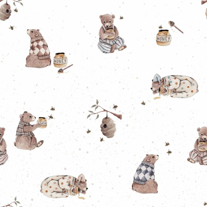Tissu Imprimé Ourson Miel Abeille, 7 tissus au choix