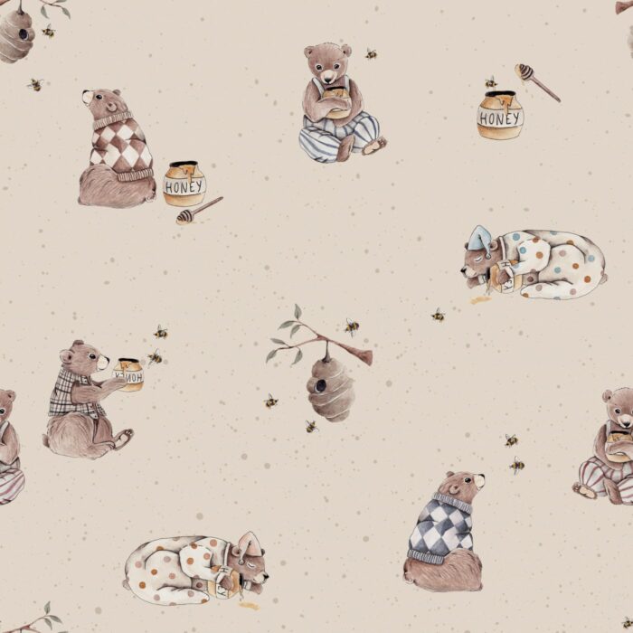 Tissu Imprimé Ourson Miel Abeille Beige, 7 tissus au choix