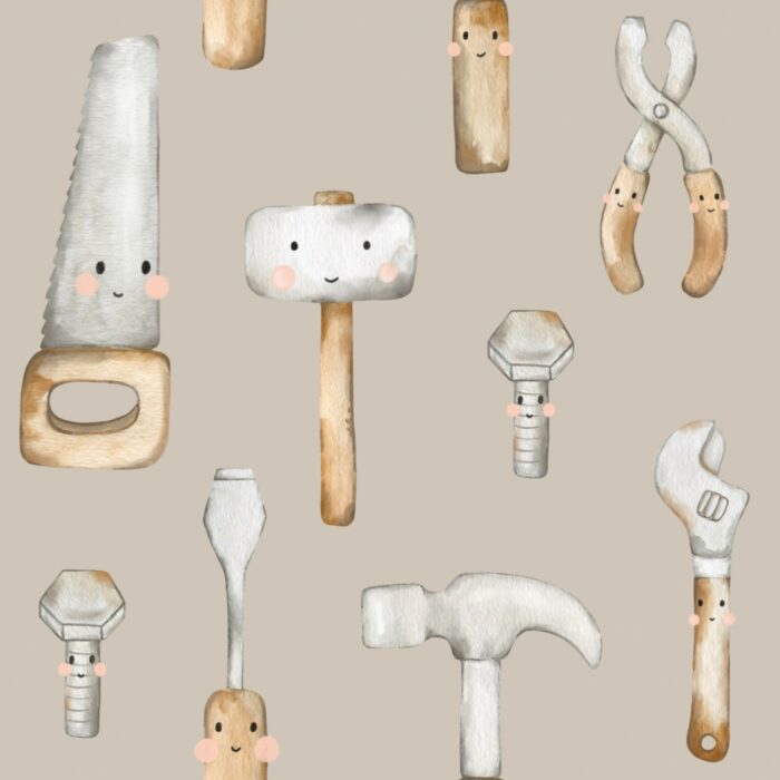 Tissu Imprimé Petit Bricoleur Beige Gris, 10 tissus au choix