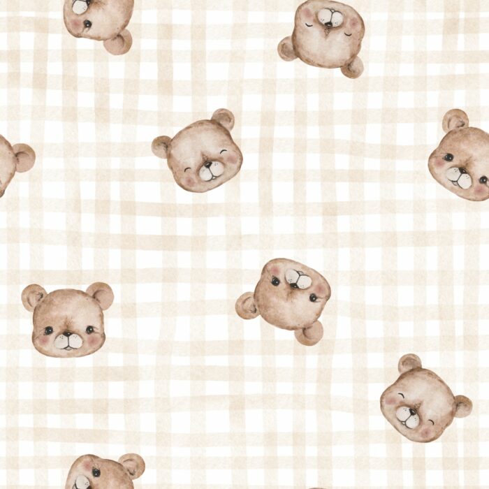 Tissu Imprimé Petit Ourson Adorable Vichy Petit Beige, 10 tissus au choix