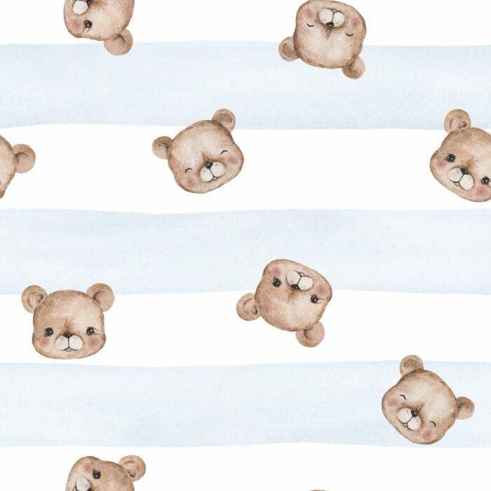 Tissu Imprimé Petit Ourson Adorable Rayures Bleu, 10 tissus au choix