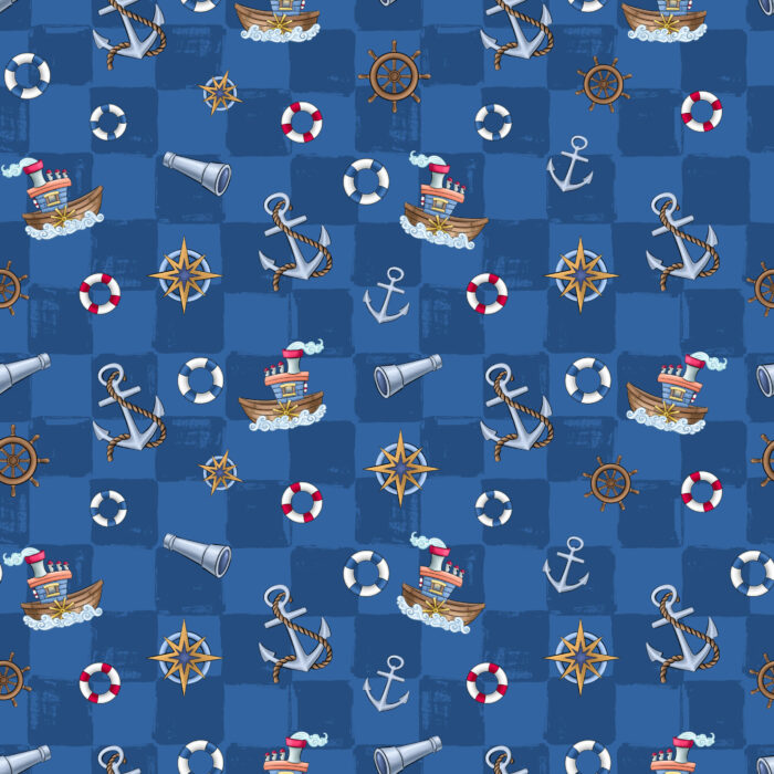Tissu Imprimé Aventure En Mer Carreaux Foncés, 10 tissus au choix