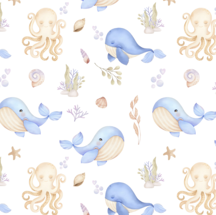 Tissu Imprimé Exclusif Baleine Bleue Pastel, 10 tissus au choix