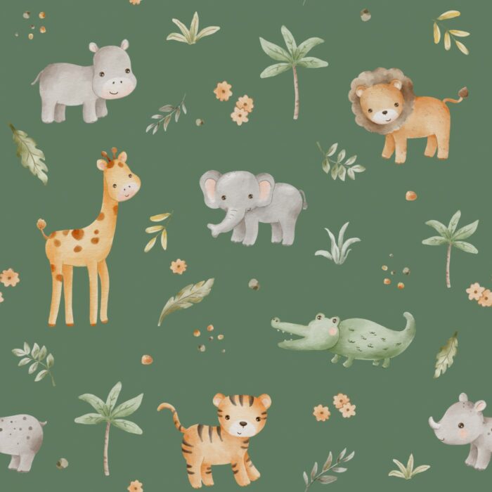 Tissu Imprimé Jungle Animaux Adorables Vert, 10 tissus au choix